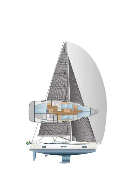 At 17.50 metres, the mast height is still moderate. This is good for passing under bridges. The shipyard has optimised the shape and balance of the rudder blade through a series of tests. The lead ballast is mounted on a stepped GRP stub, which improves force transmission.