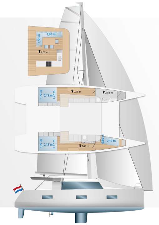 Three or four-cabin layout: However, there are only two toilet rooms in both variants. The galley and seating area share a lot of space in the large saloon.