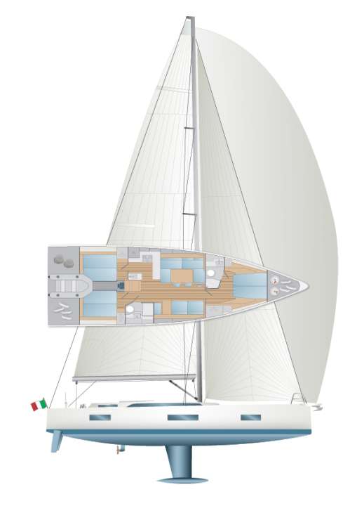 The layout variants are rather modest: The interior layout with three double cabins and two heads compartments is the standard. Only the layout in the foredeck is relatively flexible. The berth can also be installed to the side and the bathroom further forward between the cabin and forepeak | Drawing: YACHT/N. campe