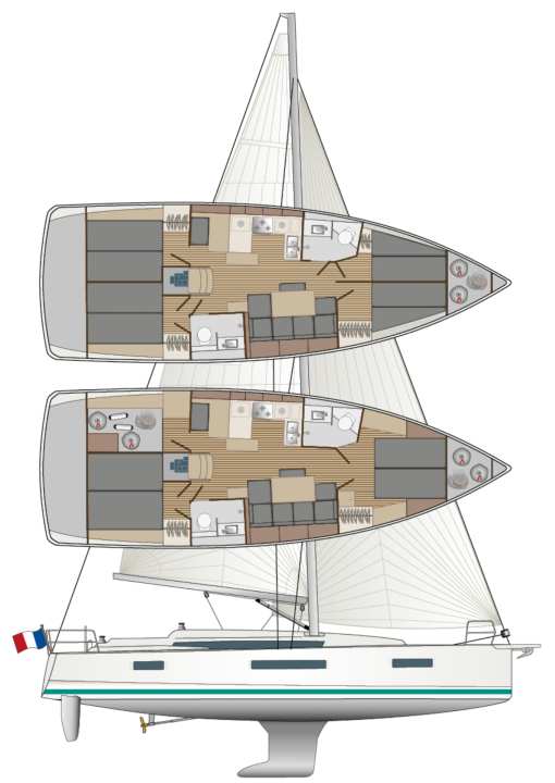 Variabile: sono possibili due, tre o quattro cabine. Ma ci sono comunque due bagni | Disegno: YACHT/N. Campe