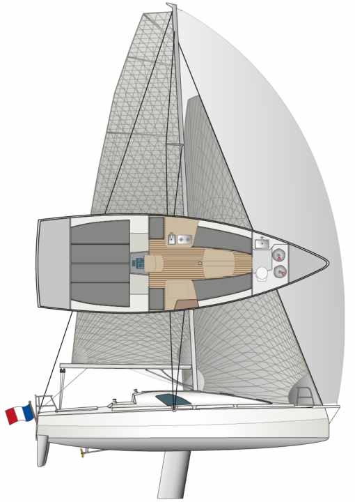 Everything back. The mast and keel are positioned conspicuously far aft on the boat. The interior offers six berths. Campe