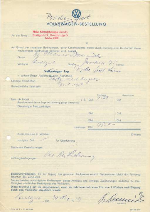 Das Originaldokument der Bestellung von Domnick mit der Kommissionsnummer 5001.