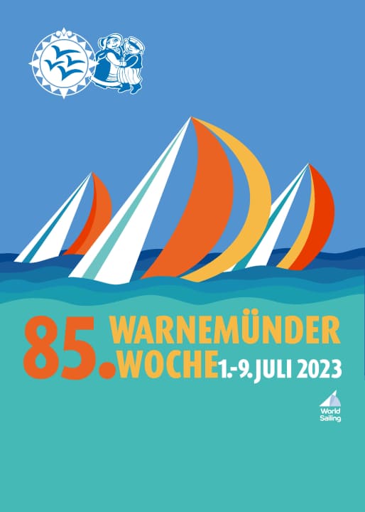   Bei der 84. Warnemünder Woche vorgestellt: das Plakat für die 85. Warnemünder, die vom 1. bis zum 9. Juli 2023 stattfindet. 2026 wird die Warnemünder Woche übrigens ihren 100. Geburtstag feiern