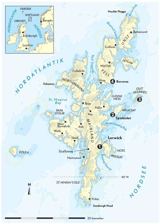 Mappa delle Shetland con la rotta di navigazione dello yacht a noleggio durante la settimana di viaggio.
