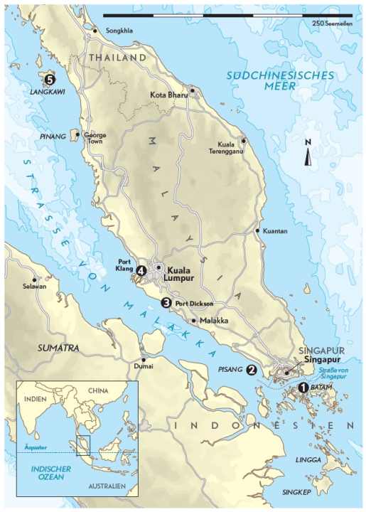 Carte générale du détroit de Malacca indiquant l'itinéraire suivi.