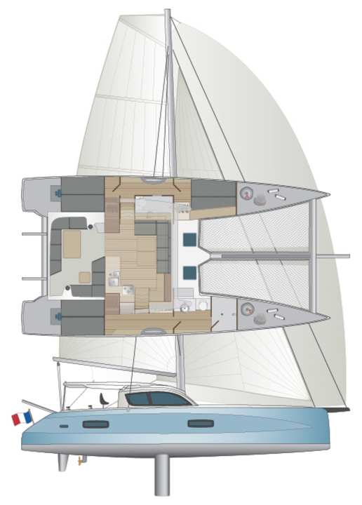 The cat is available with three or four cabins, but always with two bathrooms and an empty foredeck as storage space.