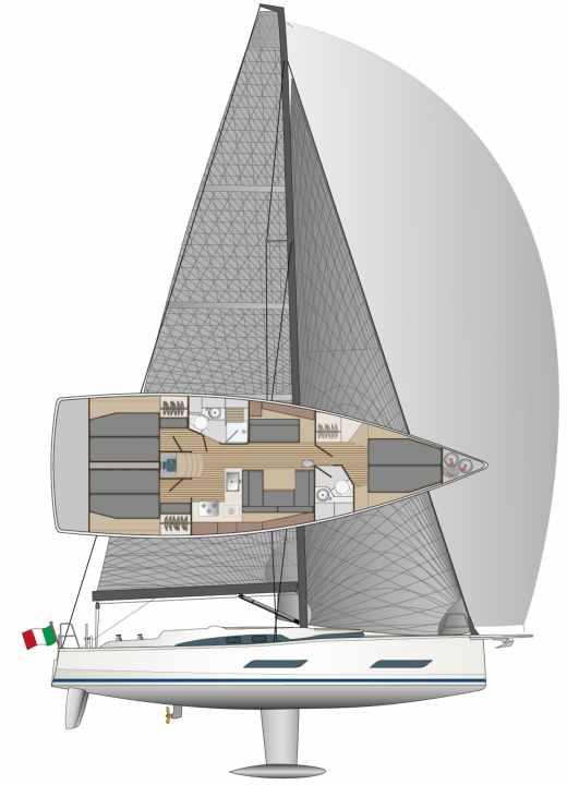 The three-cabin model with two heads is standard. If there are only two cabins, one of the aft cabins becomes the forecastle.