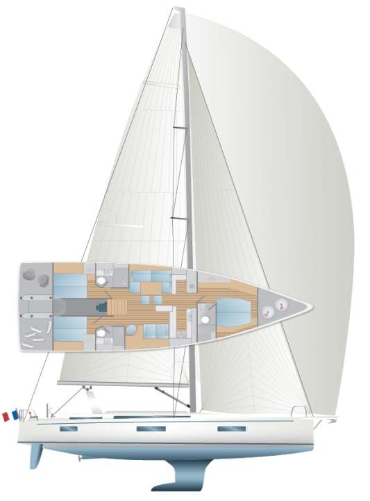 Il reste aménagé avec trois cabines et trois salles de bain. La soute à voile peut également être aménagée en cabine pour le skipper.