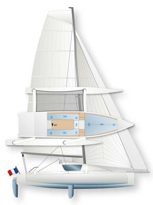 There are two sail plans. Although the rig remains the same, the Tricat offers significantly more sail area with the sports package shown here and tested by us. Three versions, but only one cabin layout - the differences lie solely in the equipment, not in the extension