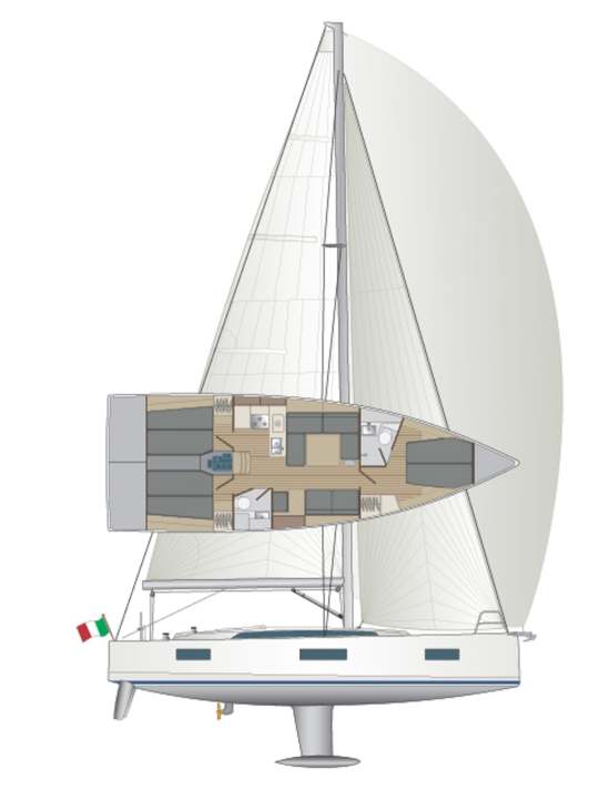 Standard : Aménagement de la cabine avec trois cabines. A la place de la chambre arrière tribord, il est possible d'aménager un grand coffre arrière | Dessin : YACHT/N.Campe