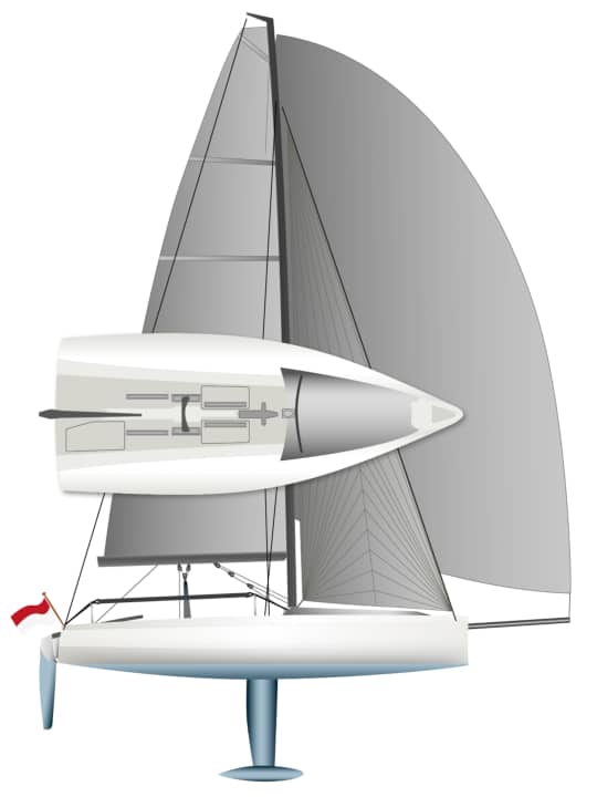 Plus un dériveur qu'un yacht : peu de franc-bord, des appendices élancés, presque pas de saut de quille