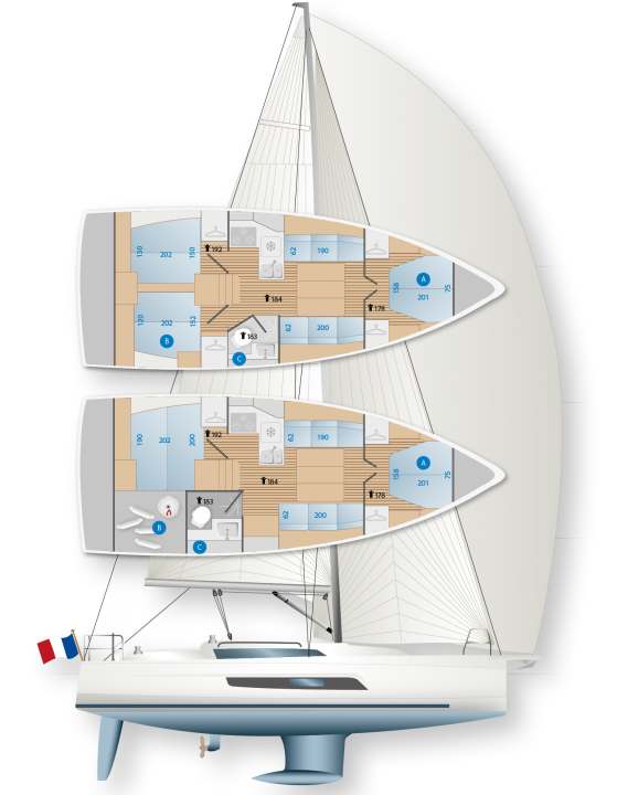 Serbatoi: A Acqua dolce; B Gasolio; C Feci