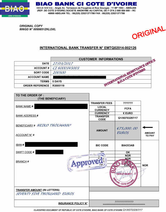   The alleged transfer voucher. The "approved" stamp is obviously forged, and other entries are also obviously dubious