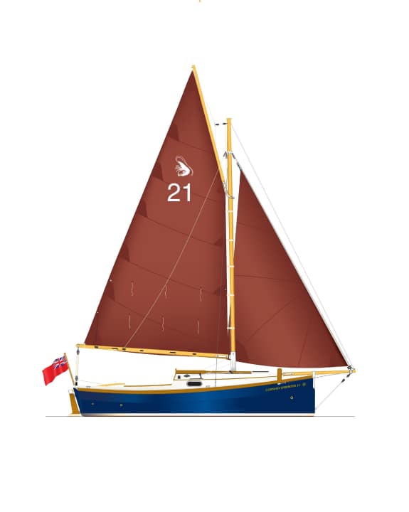   Shrimper 21. Typisch mit Gaffelrigg und Klüverbaum 