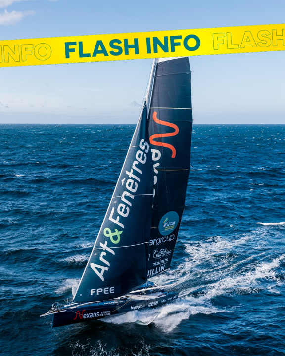 Ici encore en course sur la Route du Rhum : le "Nexans - Art & Fenêtres" de Fabrice Amedeo a coulé le 14 novembre suite à une explosion et un incendie à bord |