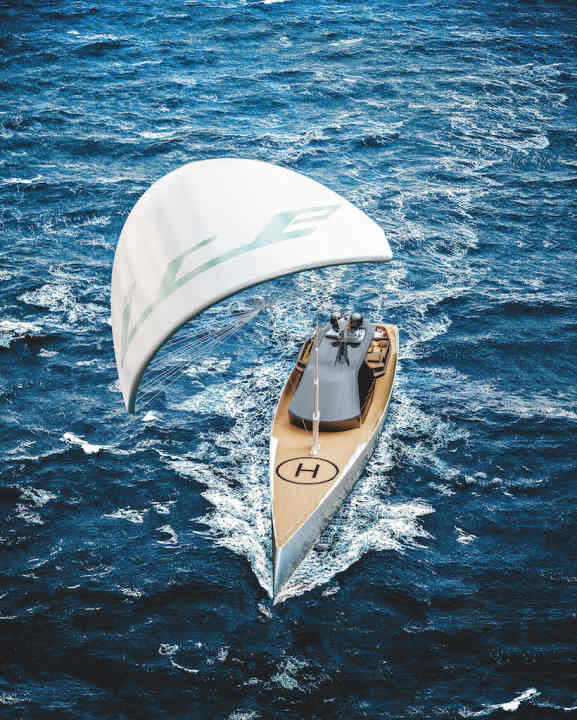 "ICE Kite": A 160 square metre kite relieves the diesel drive, which on its own achieves a Vmax of 17.4 knots. | t.