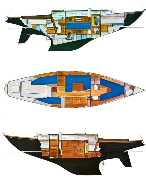 Although the lateral plan is split, it is still reminiscent of the times of the long keel. The rudder is guided by a skeg. The deck step is striking, as is the long, sloping spoon bow and the small stern, which has a negative design. The engine is positioned low down in the bilge.