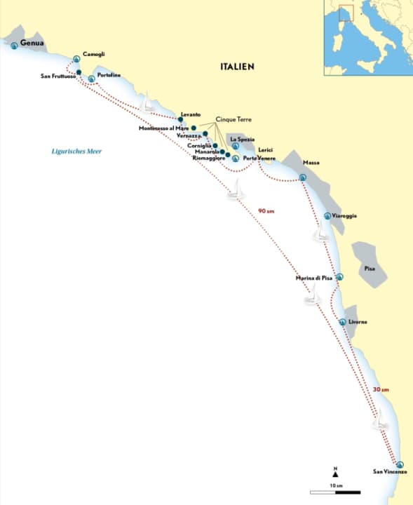 The itinerary along the Ligurian coast
