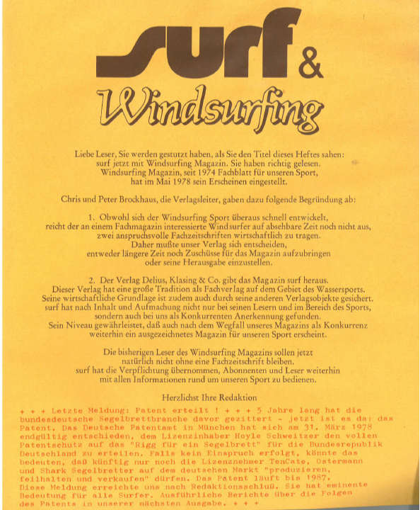 Der Einhefter aus surf 5/1978 mit der Eilmeldung zum Patent