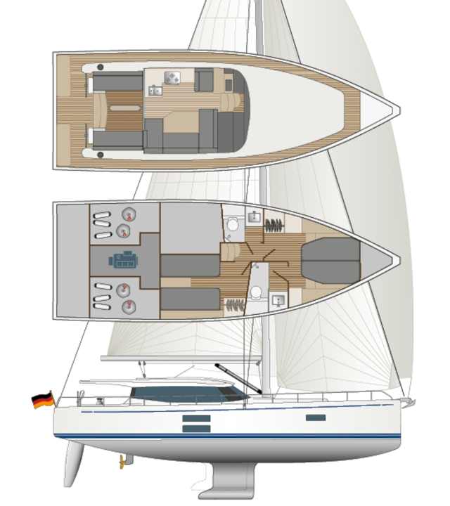 Oben sozialisieren, unten separieren: Die Aufteilung erinnert an einen Kat | Zeichnung: YACHT/N. Campe