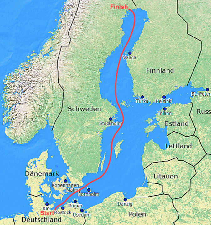   Der Kurs der MidsummerSail. Segeln kann jede Crew, wie sie mag, nonstop oder in Etappen. Wer zuerst im Ziel ist, gewinnt