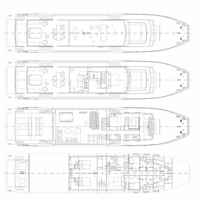 Unusual for 35 metres: "Guilty" gives the owner his own deck. The shipyard therefore installed the bridge on the main deck in front of the galley.