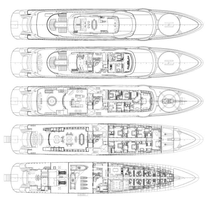 Fünf Decks: 22 Gäste schlafen auf Haupt- und Oberdeck in elf Kabinen. Ganz unten ist Platz für 28 Crewmitglieder und die zwei großen Tender | Zeichnung: Werft
