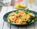Spaghetti with prawns, rocket and lemon.