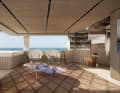 The ceilings are adorned with wooden elements that continue vertically along the walls. This preserves the striped look.