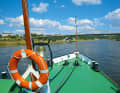 A trip on the paddle steamer on the Elbe above Dresden with the Waldschlösschen Bridge ahead