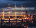 The four-masted barque "Peking" with floodlit rigging in Hamburg
