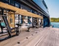 Relaxation and sport: the beach club is also a special place for designer Jacopo Chiotti from Team for Design. The awnings can be folded down, increasing the spa and gym area to 180 square metres and bringing the sea closer.