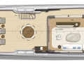 Upper deck: closed helm position, companionway to starboard and asymmetrical sky lounge