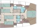 Lower deck: space for eight guests. The owner's cabin in the stern, VIP cabin in the bow.  Two further cabins with single beds are accessed via a centre aisle
