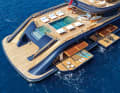 Teak, teak, teak: every handrail is made from this visually warm wood. Two pools for different temperatures. The large hull platforms at the stern serve as extensions to the beach club and gym, and are shaded by wooden pergolas.