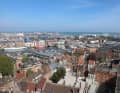 View from the viewing platform on the Saint-Éloi bell tower over the harbour towards the North Sea