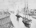 The schooner "F. J. King" (foreground) in a Great Lakes harbour.