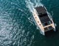 The solar panels are located on the superstructure roof and the flybridge.