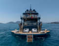 Folding bulwarks extend the beach club of the Mangusta Oceano 39.