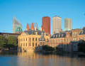 The Hofvijver, the former castle pond, is home to the Mauritshuis art museum and the Binnenhof, where the Dutch parliament meets