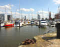 Bremerhaven: Lloyd Marina Bremerhaven with Sail City and Klimahaus in the background.