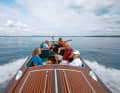 Travelling in style - to the roar of eight cylinders: The hacker craft replica "Miss Thousand Islands II" is part of the museum's in-water fleet, which can be used to book short trips to the islands of the St Lawrence River on the Canadian border. View from the third cockpit