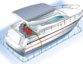 The compressor (red) supplies the pipe system under the water surface with compressed air. Depending on the type of boat and the conditions, it should be located in the last third of the boat