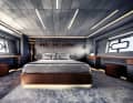 Master: Alcantara and the silk carpet in grey and cognac-coloured leather. The slogan above the bed is formed by plastic tubes