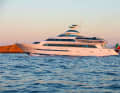 L'"Alamshar", long de 49,90 mètres, a été mis à l'eau en 2014 et atteint une vitesse de pointe de 67 nœuds grâce à sa propulsion par turbine à gaz. Le yacht est à vendre par l'intermédiaire du courtier YPI.