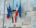 Flag decoration at the birthplace of Francois Mitterrand in Jarnac.