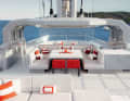 No teak: the sundeck features a gelcoat floor, an ethanol fire pit at the rear and a 2,700-litre
spa pool at the front.