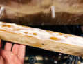 Als Stabilisierung für das breitere Kopf­ende wird ein Kantholz (Hartholz, 4 cm x 6 cm) an der Kajütwand mit 8-mm-Bolzen und Leim befestigt, auf dem später das überstehende Ende der Grundplatte liegt. So erspart man sich eine Stütze nach unten. Alternativ wären auch stabile Metall-Winkeleisen möglich
