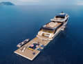 Floating pontoons add a water playground to the yacht.