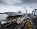 Spectators and shipyard employees gathered in Galati for the launch